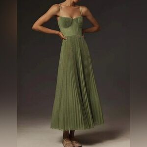 Olive Green Pleated Midi Dress with Spaghetti Straps